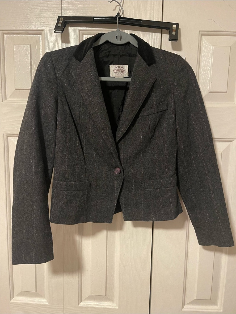 Vintage Brass Plum Charcoal Pinstripe Blazer w/ Velvet Collar-Made in Canada